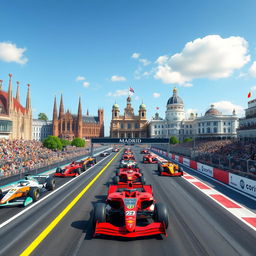 A thrilling Formula One race scene, featuring a starting grid lined with famous 3D buildings from Barcelona and Madrid