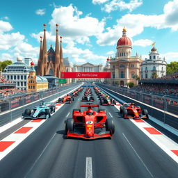 A thrilling Formula One race scene, featuring a starting grid lined with famous 3D buildings from Barcelona and Madrid