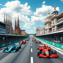 A thrilling Formula One race scene, featuring a starting grid lined with famous 3D buildings from Barcelona and Madrid