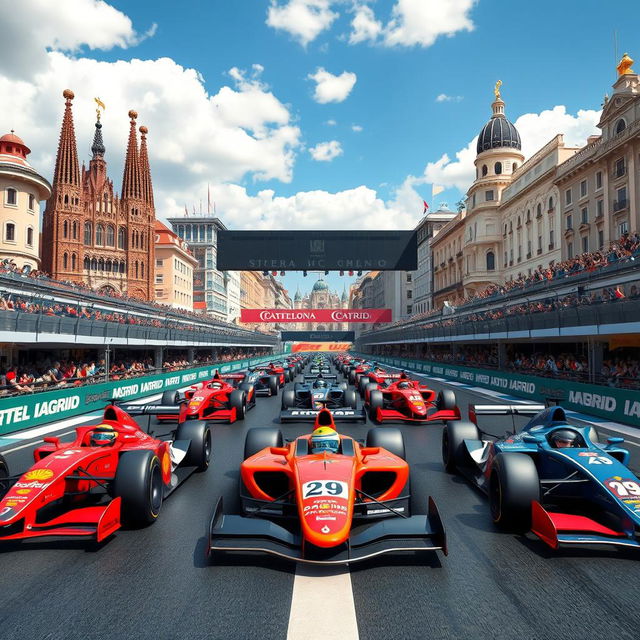 A thrilling Formula One race scene, featuring a starting grid lined with famous 3D buildings from Barcelona and Madrid