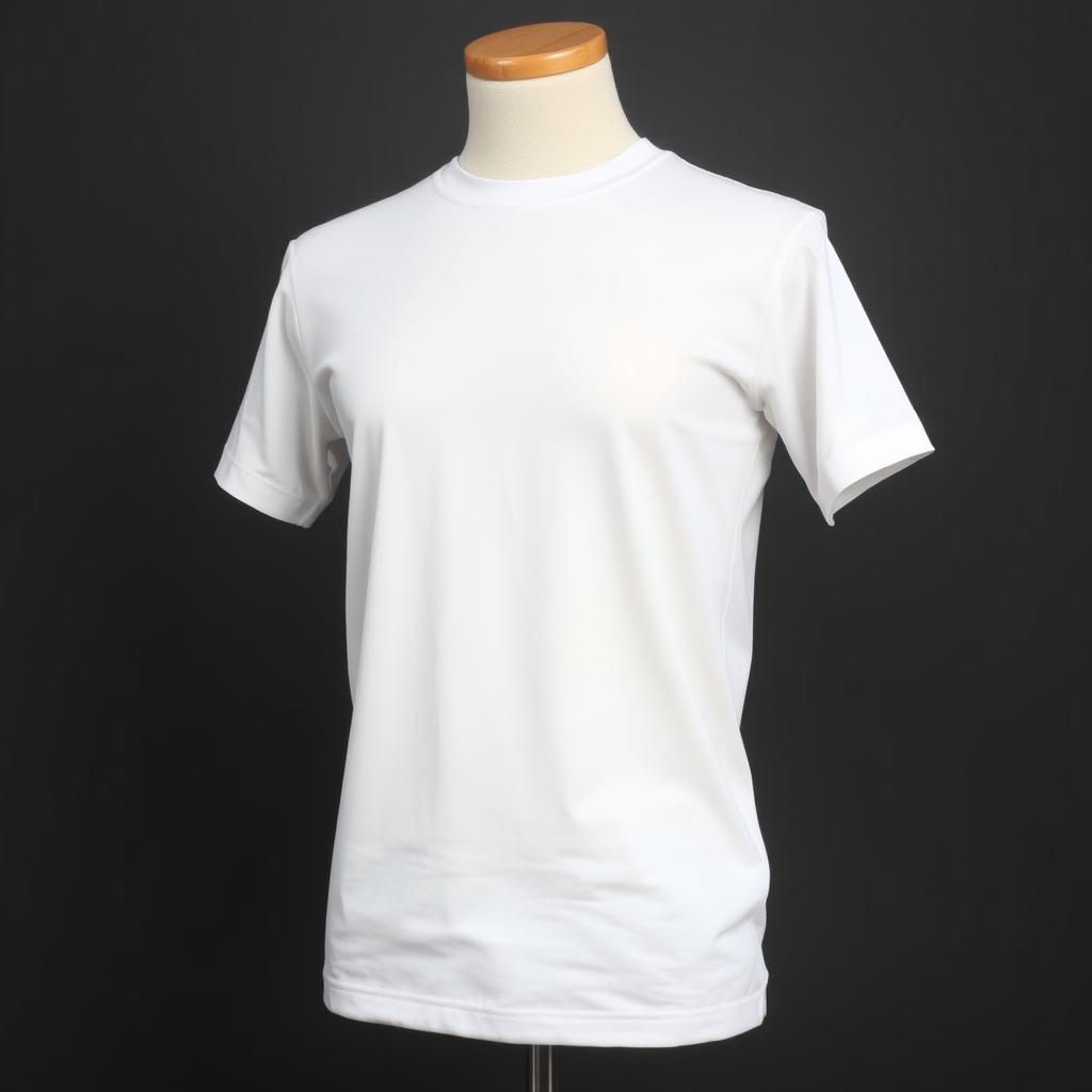 A plain white t-shirt displayed on a mannequin, featuring a smooth, wrinkle-free fit that showcases the fabric's texture beautifully