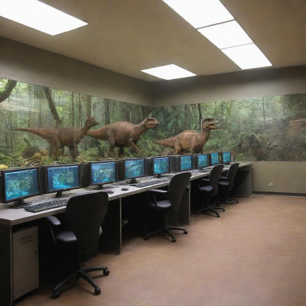 In the dinosaur sanctuary, illustrate the wealthy individual setting up a state-of-the-art computer room near the raptor enclosure. CCTV cameras are placed around all dinosaur enclosures, with feeds leading to this centralized hub.