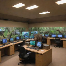 In the dinosaur sanctuary, illustrate the wealthy individual setting up a state-of-the-art computer room near the raptor enclosure. CCTV cameras are placed around all dinosaur enclosures, with feeds leading to this centralized hub.