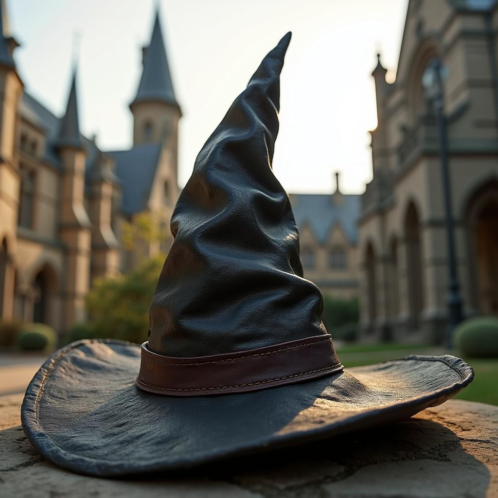 A detailed close-up of a Sorting Hat replica, showcasing its intricate texture and worn appearance, as it sits prominently in the foreground