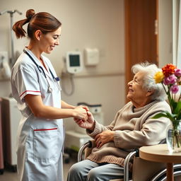 A warm and compassionate scene depicting a caring young female nurse dressed in a crisp white uniform, gently holding the hand of an elderly woman with a disability, showcasing a beautiful connection and empathy