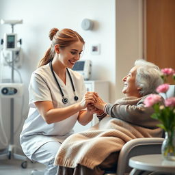 A warm and compassionate scene depicting a caring young female nurse dressed in a crisp white uniform, gently holding the hand of an elderly woman with a disability, showcasing a beautiful connection and empathy