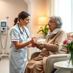 A warm and compassionate scene depicting a caring young female nurse dressed in a crisp white uniform, gently holding the hand of an elderly woman with a disability, showcasing a beautiful connection and empathy