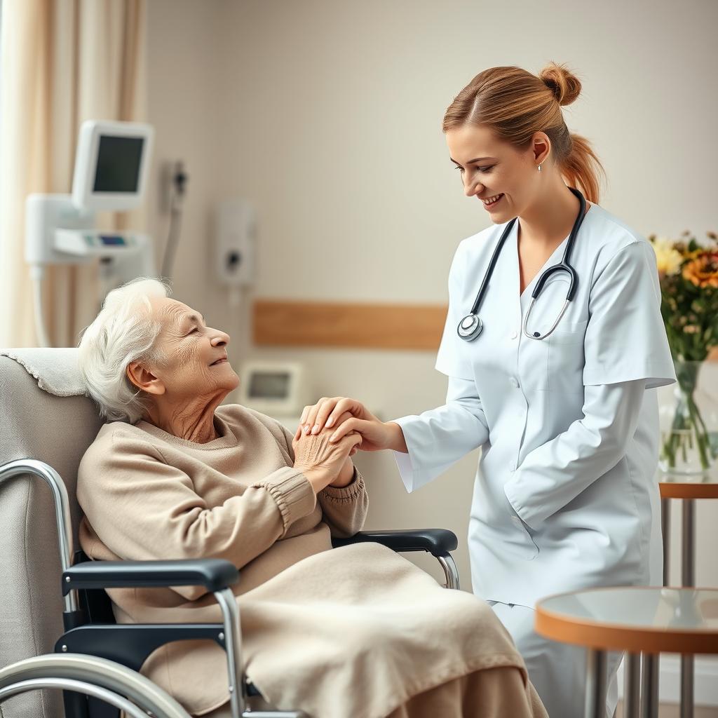 A warm and compassionate scene depicting a caring young female nurse dressed in a crisp white uniform, gently holding the hand of an elderly woman with a disability, showcasing a beautiful connection and empathy