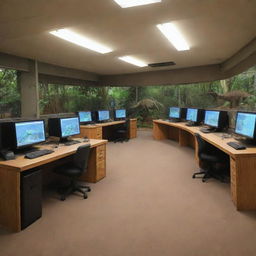 In the dinosaur sanctuary, illustrate the wealthy individual setting up a state-of-the-art computer room near the raptor enclosure. CCTV cameras are placed around all dinosaur enclosures, with feeds leading to this centralized hub.