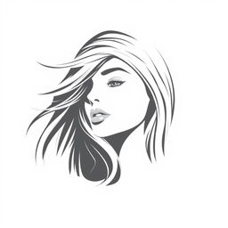 A logo for a hair salon featuring the face of a white woman with straight, silky hair blowing gently in the wind