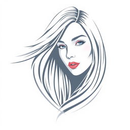 A logo for a hair salon featuring the face of a white woman with straight, silky hair blowing gently in the wind