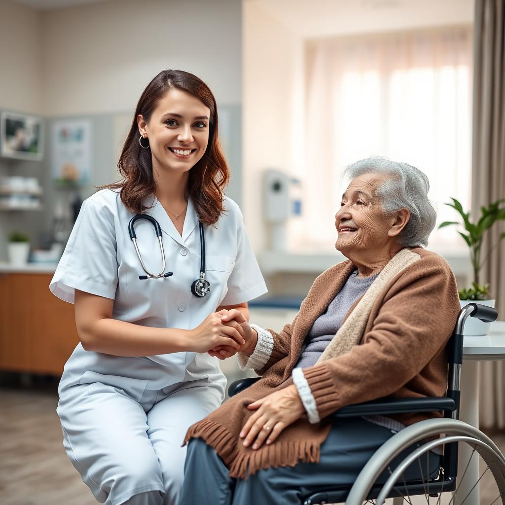 A heartwarming scene featuring a caring young female nurse in a pristine white uniform, gently holding the hand of a compassionate elderly woman who has a visible disability