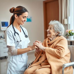 A heartwarming scene featuring a caring young female nurse in a pristine white uniform, gently holding the hand of a compassionate elderly woman who has a visible disability