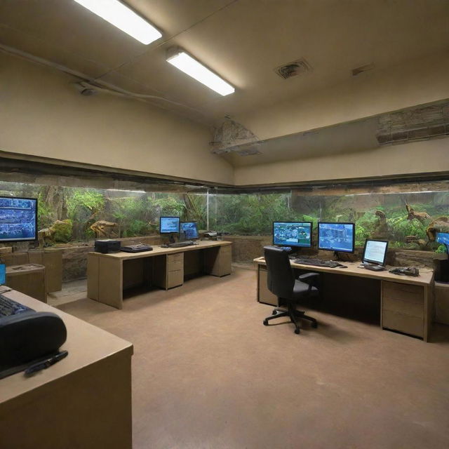 In the dinosaur sanctuary, illustrate the wealthy individual setting up a state-of-the-art computer room near the raptor enclosure. CCTV cameras are placed around all dinosaur enclosures, with feeds leading to this centralized hub.