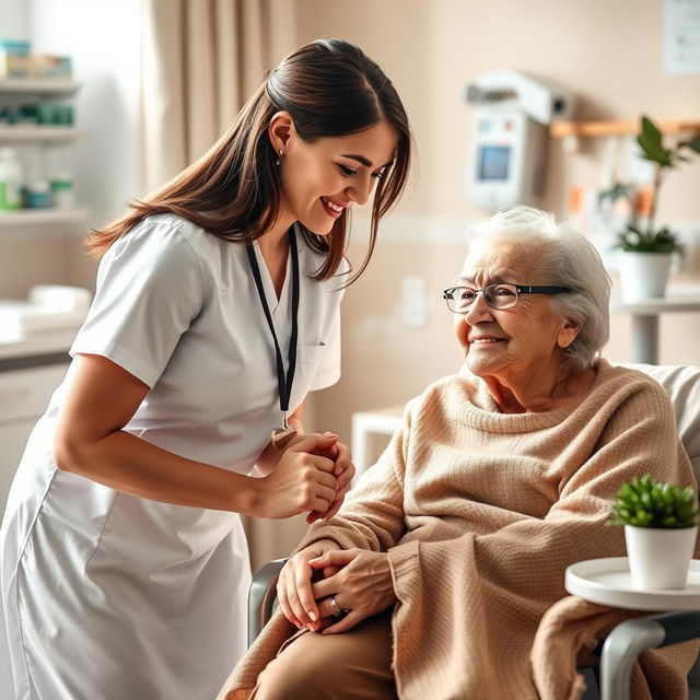 A heartwarming scene featuring a caring young female nurse in a pristine white uniform, gently holding the hand of a compassionate elderly woman who has a visible disability