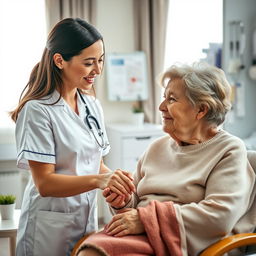 A heartwarming scene featuring a caring young female nurse in a pristine white uniform, gently holding the hand of a compassionate elderly woman who has a visible disability