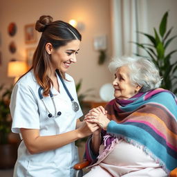 A tender scene featuring a caring young female nurse, dressed in a white medical uniform, gently holding the hand of an elderly woman with visible disabilities