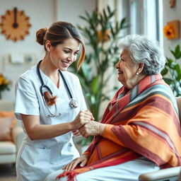 A tender scene featuring a caring young female nurse, dressed in a white medical uniform, gently holding the hand of an elderly woman with visible disabilities