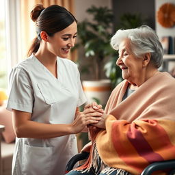 A tender scene featuring a caring young female nurse, dressed in a white medical uniform, gently holding the hand of an elderly woman with visible disabilities