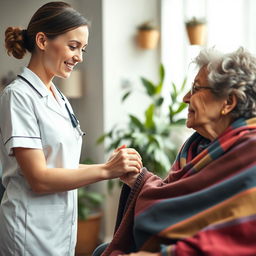 A tender scene featuring a caring young female nurse, dressed in a white medical uniform, gently holding the hand of an elderly woman with visible disabilities