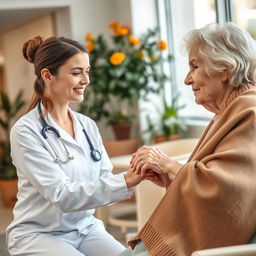 A touching moment capturing a caring young female nurse in a clean white uniform, gently holding the hand of an elderly woman with visible disabilities