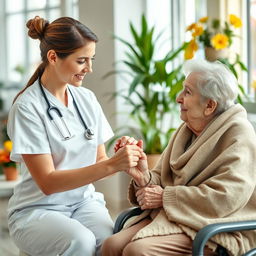 A touching moment capturing a caring young female nurse in a clean white uniform, gently holding the hand of an elderly woman with visible disabilities