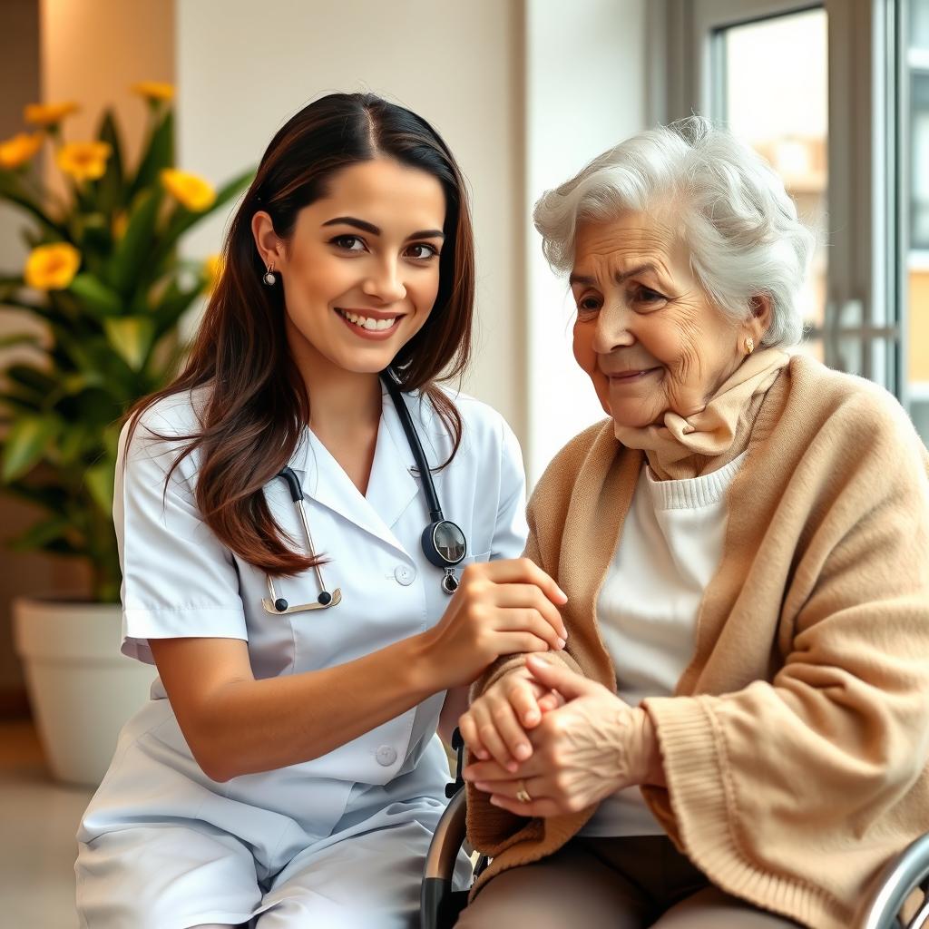 A touching moment capturing a caring young female nurse in a clean white uniform, gently holding the hand of an elderly woman with visible disabilities