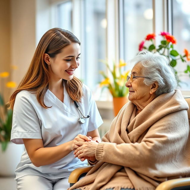 A touching moment capturing a caring young female nurse in a clean white uniform, gently holding the hand of an elderly woman with visible disabilities