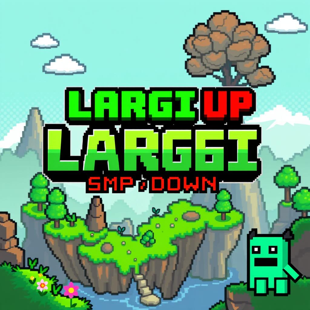 A vibrant Terraria-inspired pixel art logo featuring the bold, blocky text 'LARGI UP' in bright green and 'SMP DOWN' in dark red