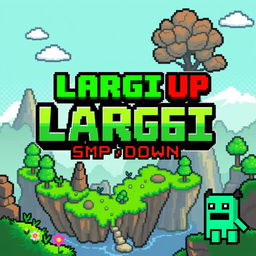 A vibrant Terraria-inspired pixel art logo featuring the bold, blocky text 'LARGI UP' in bright green and 'SMP DOWN' in dark red