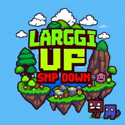 A vibrant Terraria-inspired pixel art logo featuring the bold, blocky text 'LARGI UP' in bright green and 'SMP DOWN' in dark red