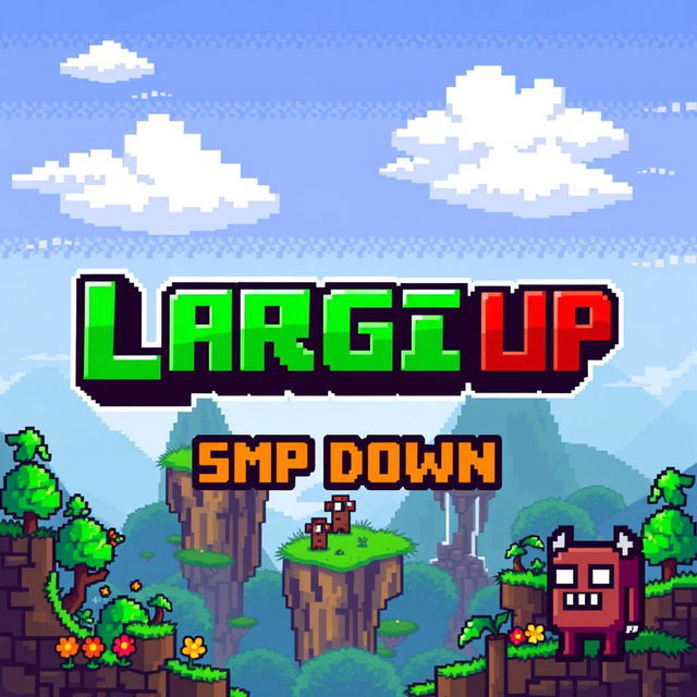 A vibrant Terraria-inspired pixel art logo featuring the bold, blocky text 'LARGI UP' in bright green and 'SMP DOWN' in dark red