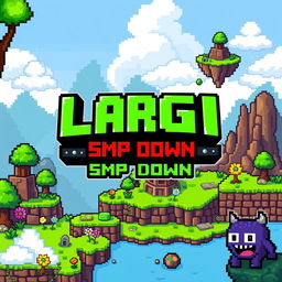 A vibrant Terraria-inspired pixel art logo featuring the bold, blocky text 'LARGI UP' in bright green and 'SMP DOWN' in dark red