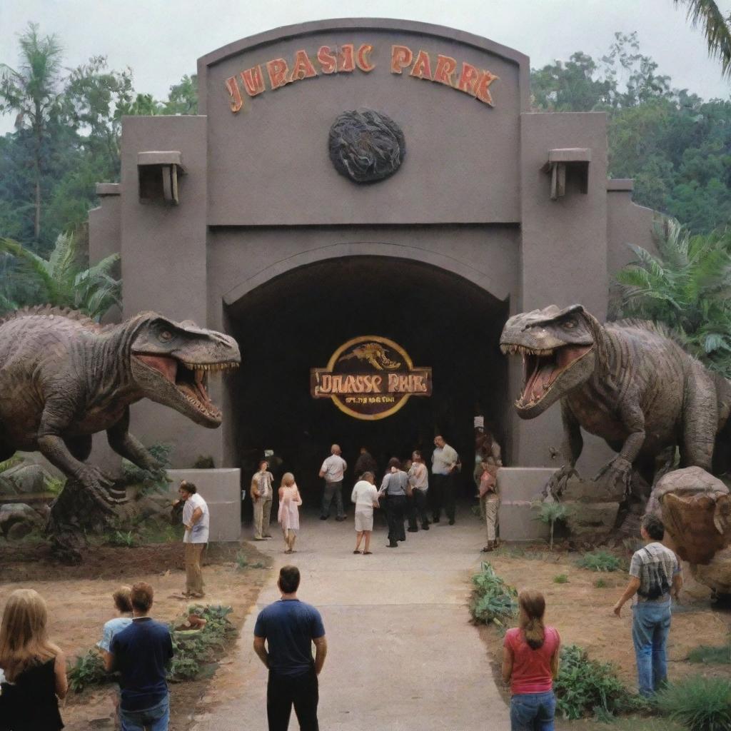 Now, with dinosaurs securely housed and proper surveillance system in place, depict the grand opening of the 'Jurassic Park' by the wealthy individual.