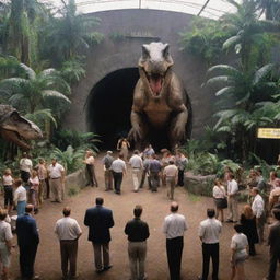 Now, with dinosaurs securely housed and proper surveillance system in place, depict the grand opening of the 'Jurassic Park' by the wealthy individual.