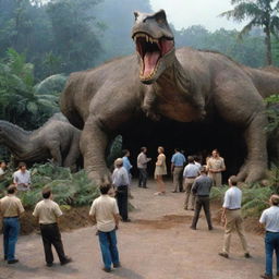 Now, with dinosaurs securely housed and proper surveillance system in place, depict the grand opening of the 'Jurassic Park' by the wealthy individual.