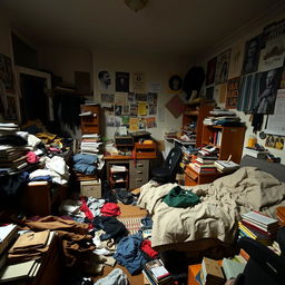 A cluttered and messy room filled with disorganized furniture and various items scattered around