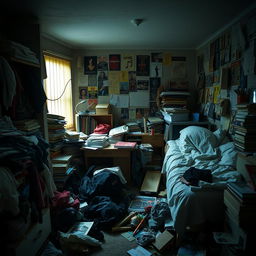 A cluttered and messy room filled with disorganized furniture and various items scattered around