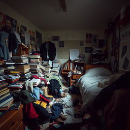 A cluttered and messy room filled with disorganized furniture and various items scattered around