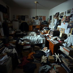 A cluttered and messy room filled with disorganized furniture and various items scattered around