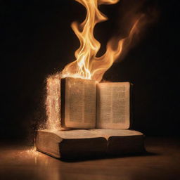 An artful, symbolic representation of a Bible ablaze, glowing in a dimly lit space, sparks flying, not meant to provoke but to show evocative and dramatic imagery.