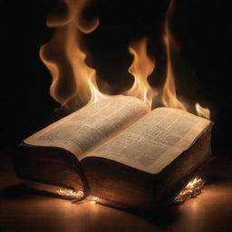 An artful, symbolic representation of a Bible ablaze, glowing in a dimly lit space, sparks flying, not meant to provoke but to show evocative and dramatic imagery.