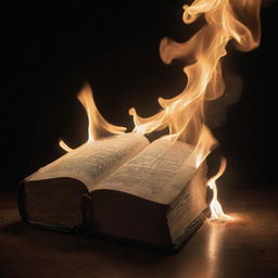 An artful, symbolic representation of a Bible ablaze, glowing in a dimly lit space, sparks flying, not meant to provoke but to show evocative and dramatic imagery.