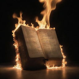 An artful, symbolic representation of a Bible ablaze, glowing in a dimly lit space, sparks flying, not meant to provoke but to show evocative and dramatic imagery.