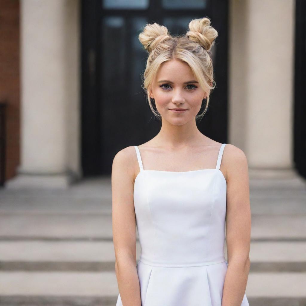 Chloe Bourgeois from Miraculous Ladybug standing in front of her school. She is dressed in an elegant white dress and her blonde hair is styled in a messy bun.