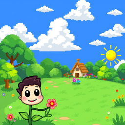 A whimsical scene depicting a lush, green landscape with a vibrant blue sky, fluffy white clouds, and pixelated trees in various shades of green