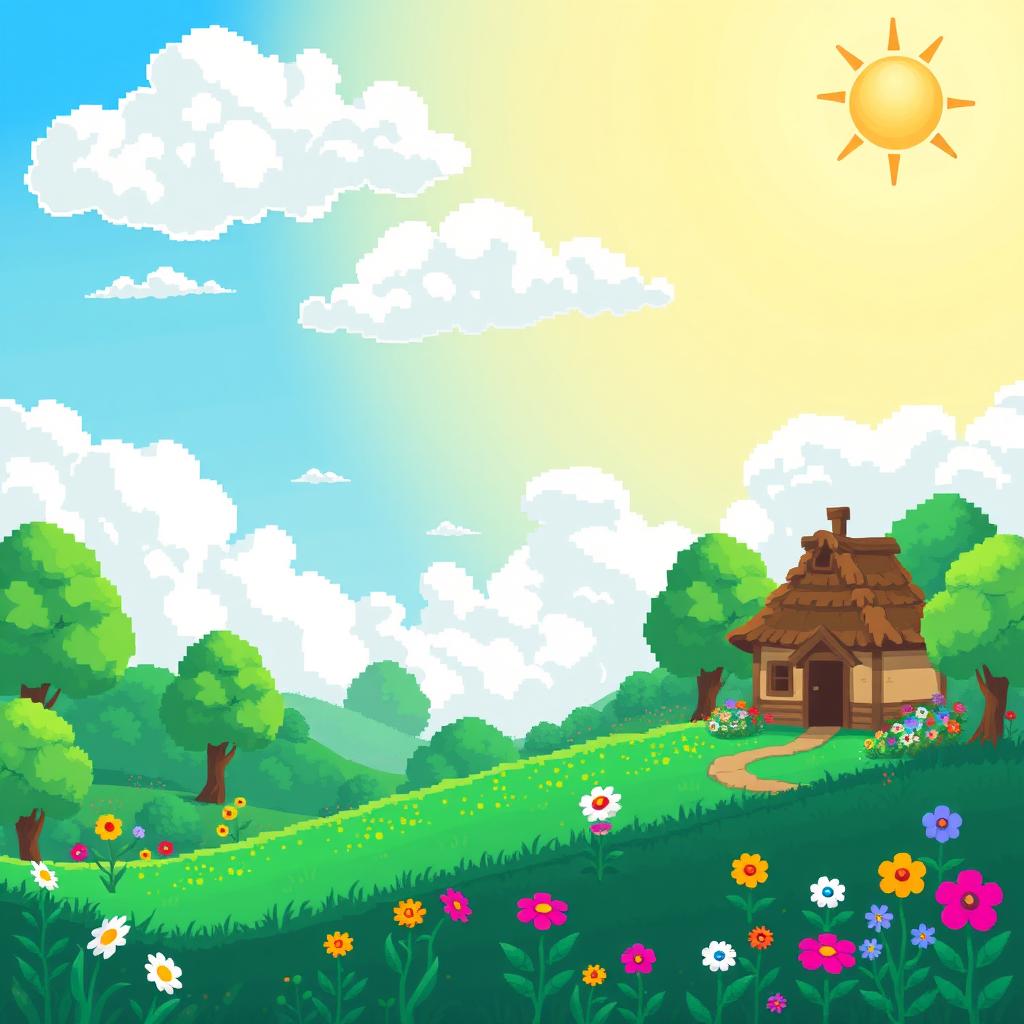 A whimsical scene depicting a lush, green landscape with a vibrant blue sky, fluffy white clouds, and pixelated trees in various shades of green