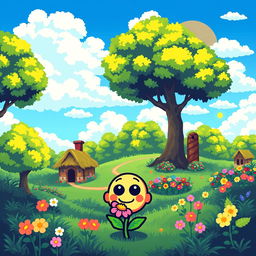 A whimsical scene depicting a lush, green landscape with a vibrant blue sky, fluffy white clouds, and pixelated trees in various shades of green