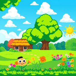 A whimsical scene depicting a lush, green landscape with a vibrant blue sky, fluffy white clouds, and pixelated trees in various shades of green