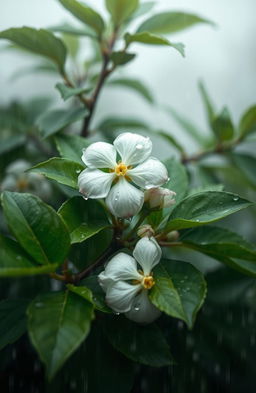 A serene and realistic depiction of a medlar flower amidst a misty and foggy backdrop in a rainy weather setting